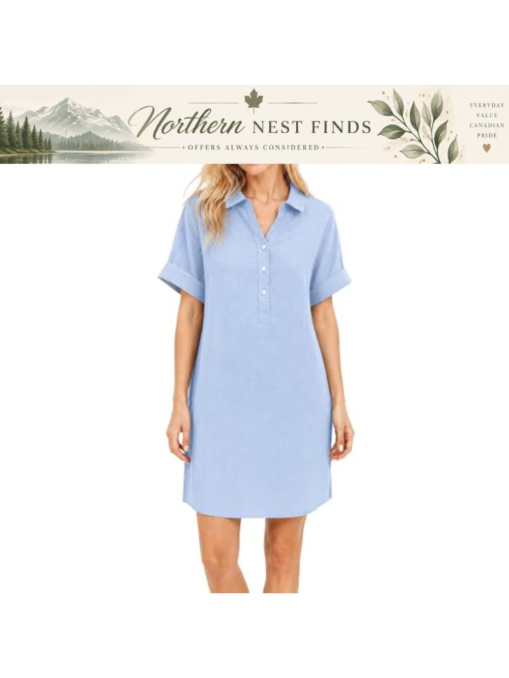 Women's Cotton Linen Midi Dress Short Sleeve Collar Loose Fit Summer Dress
